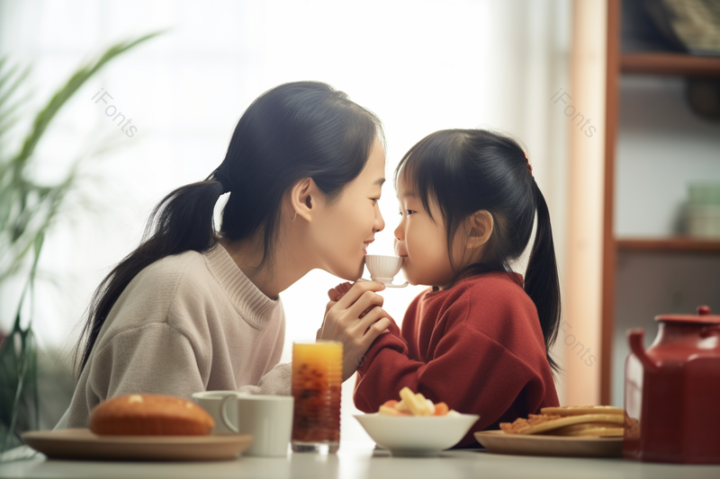 餐桌前母亲和女儿甜蜜互动家庭摄影,高清,摄影图,摄影图片,图片大全,摄影图免费下载